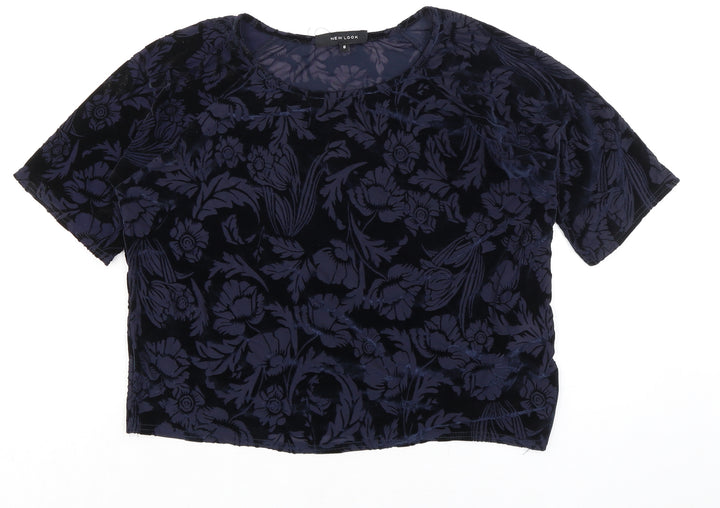 New Look Womens Blue Floral Polyester Basic Blouse Size 8 Boat Neck