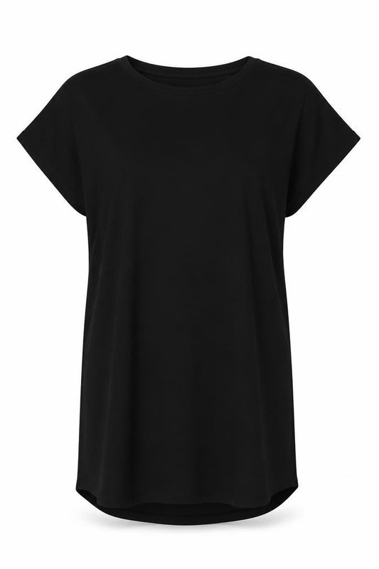 Front view of Zizzi women’s black polyester t-shirt dress, size M, round neck pullover