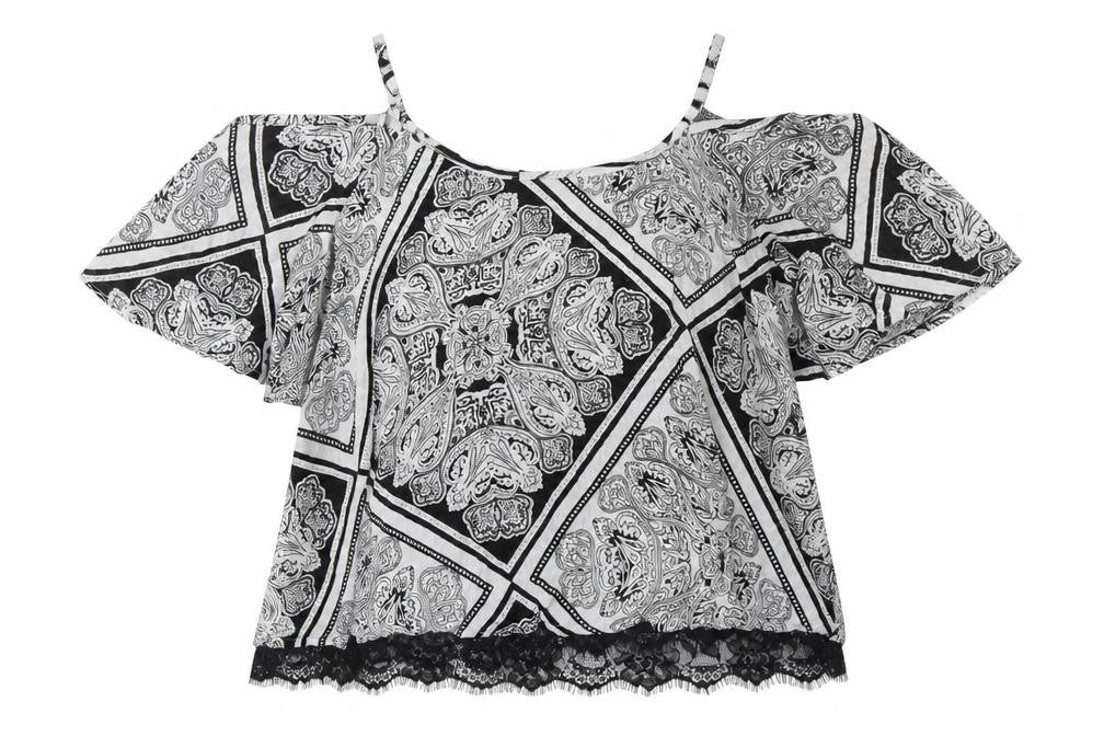 Front view of Select women’s black paisley viscose basic blouse, size UK 6, round neck - cold shoulder detail