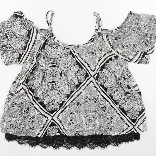Select Womens Black Paisley Viscose Basic Blouse Size 6 Round Neck - Cold Shoulder Detail