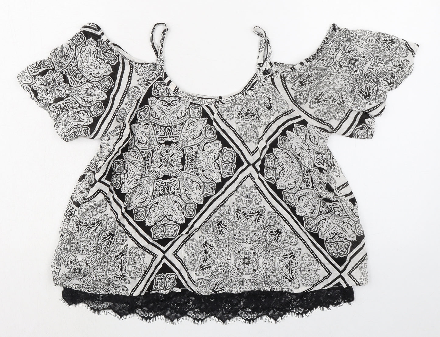 Select Womens Black Paisley Viscose Basic Blouse Size 6 Round Neck - Cold Shoulder Detail