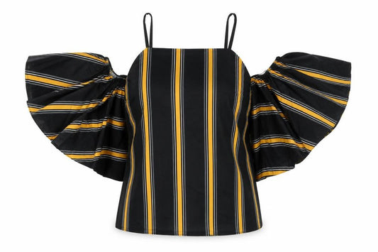 Front view of Select women’s black striped polyester basic blouse, size UK 6, square neck - cold shoulder detail