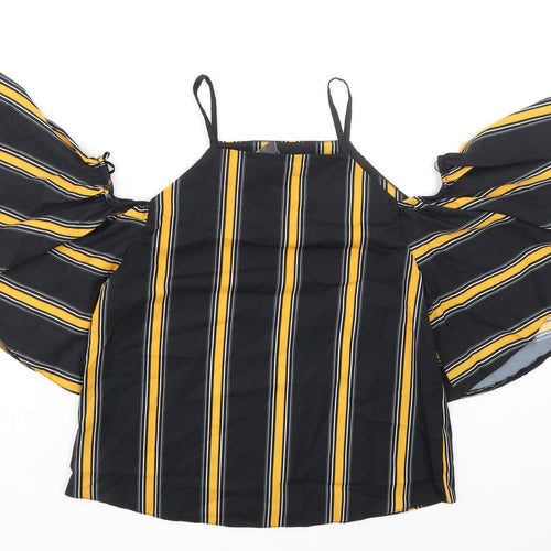 Select Womens Black Striped Polyester Basic Blouse Size 6 Square Neck - Cold Shoulder Detail