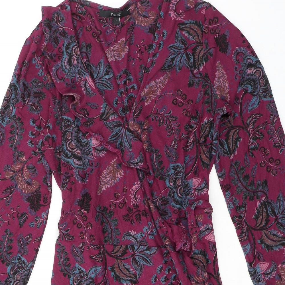 NEXT Womens Purple Floral Viscose Wrap Dress Size 12 V-Neck Pullover