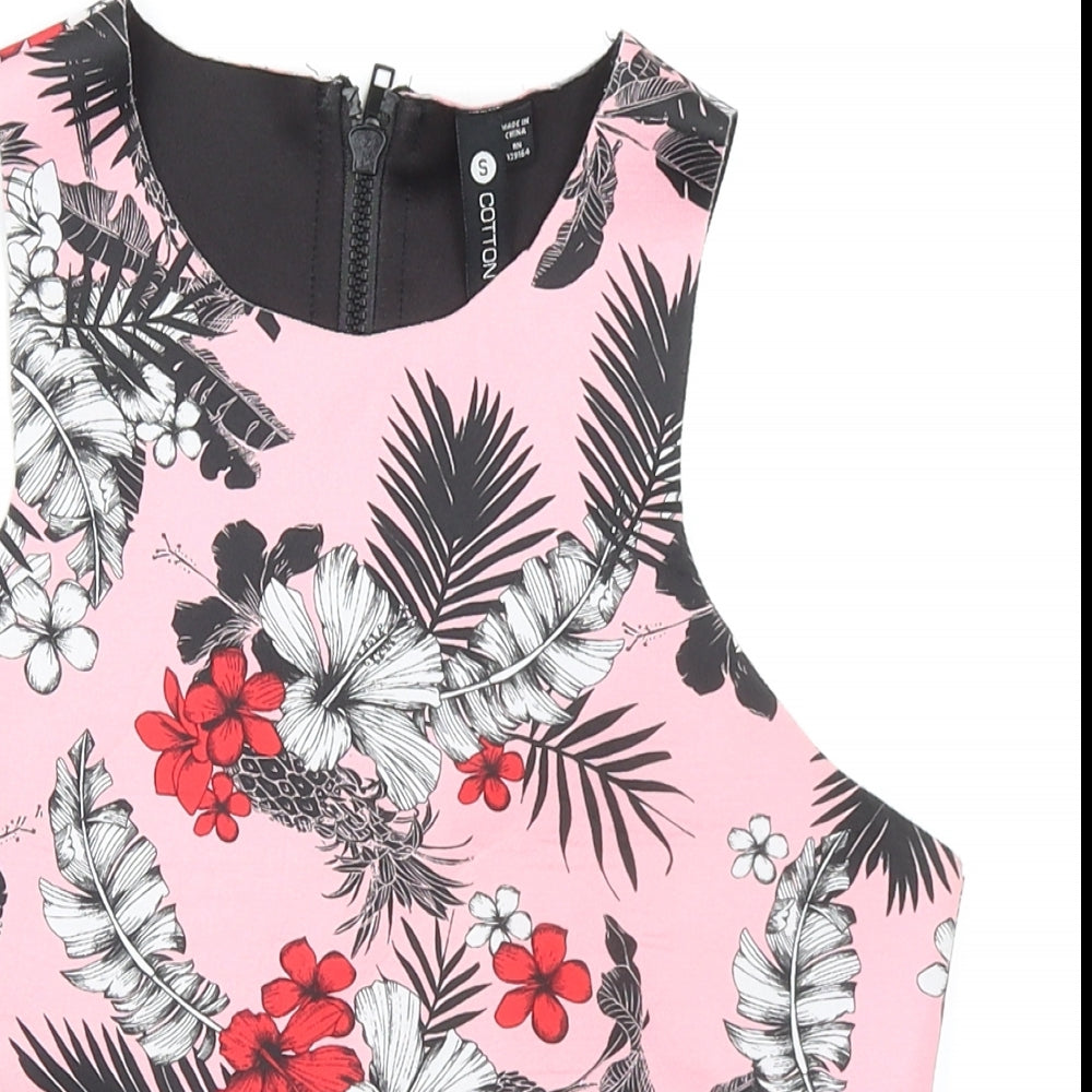 Cotton On Womens Pink Floral Polyester Cropped Tank Size S Round Neck