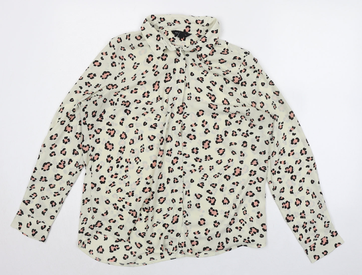 New Look Womens Ivory Animal Print Polyester Basic Button-Up Size 14 Collared - Leopard Print