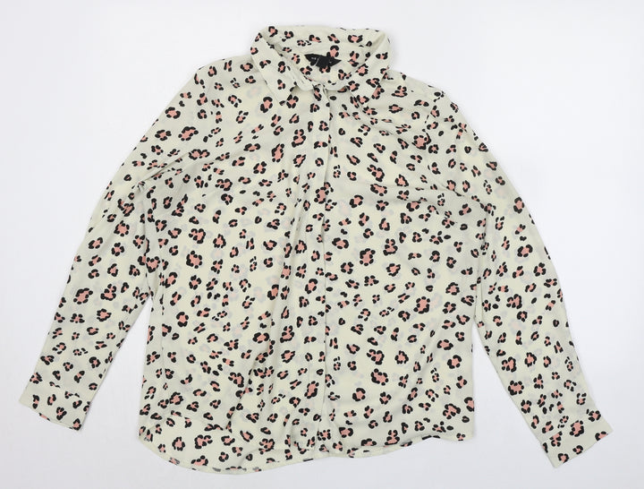 New Look Womens Ivory Animal Print Polyester Basic Button-Up Size 14 Collared - Leopard Print