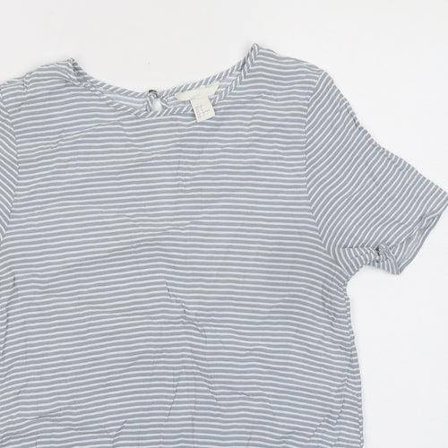 H&M Womens Grey Striped Viscose Basic T-Shirt Size 10 Round Neck