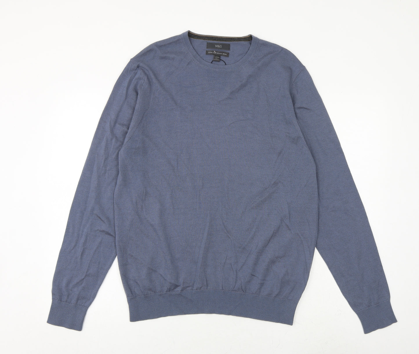 Marks and Spencer Mens Blue Crew Neck Wool Pullover Jumper Size L Long Sleeve