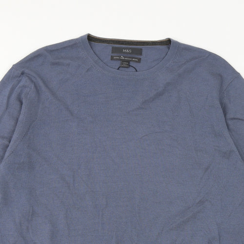Marks and Spencer Mens Blue Crew Neck Wool Pullover Jumper Size L Long Sleeve