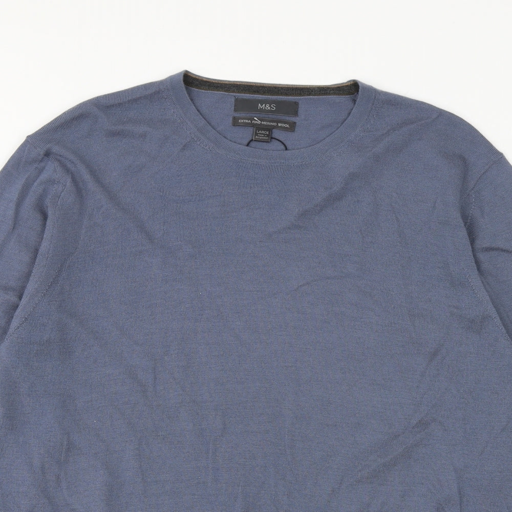 Marks and Spencer Mens Blue Crew Neck Wool Pullover Jumper Size L Long Sleeve