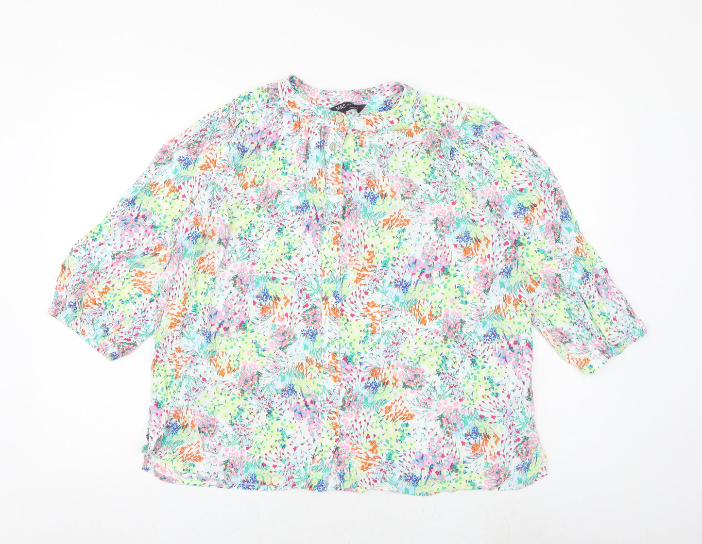 Marks and Spencer Womens Multicoloured Floral Viscose Basic Button-Up Size 12 Round Neck
