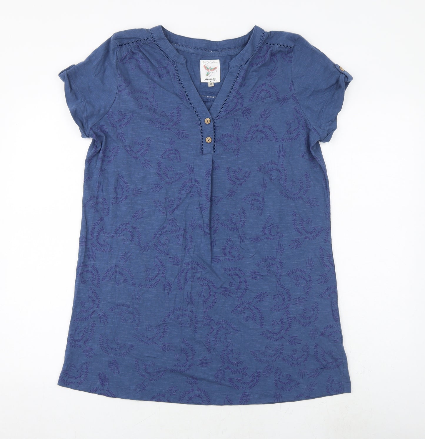 MANTARAY PRODUCTS Womens Blue Geometric 100% Cotton Tunic T-Shirt Size 12 V-Neck - Bird Print