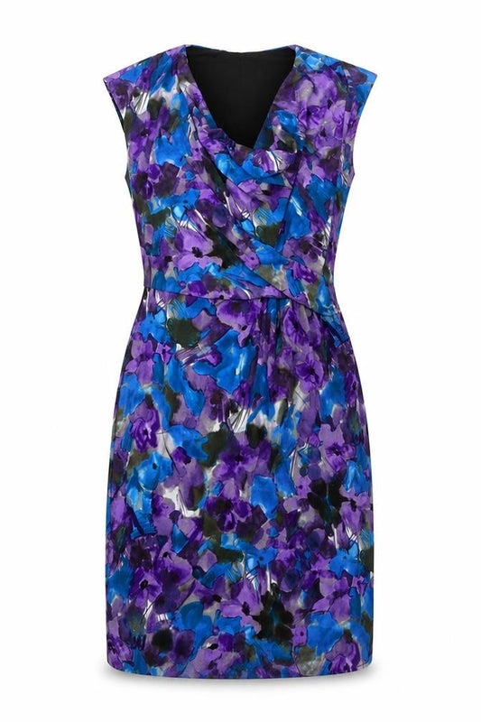 Front view of Donna Ricco women’s multicoloured geometric polyester shift, size UK 10, cowl neck pullover