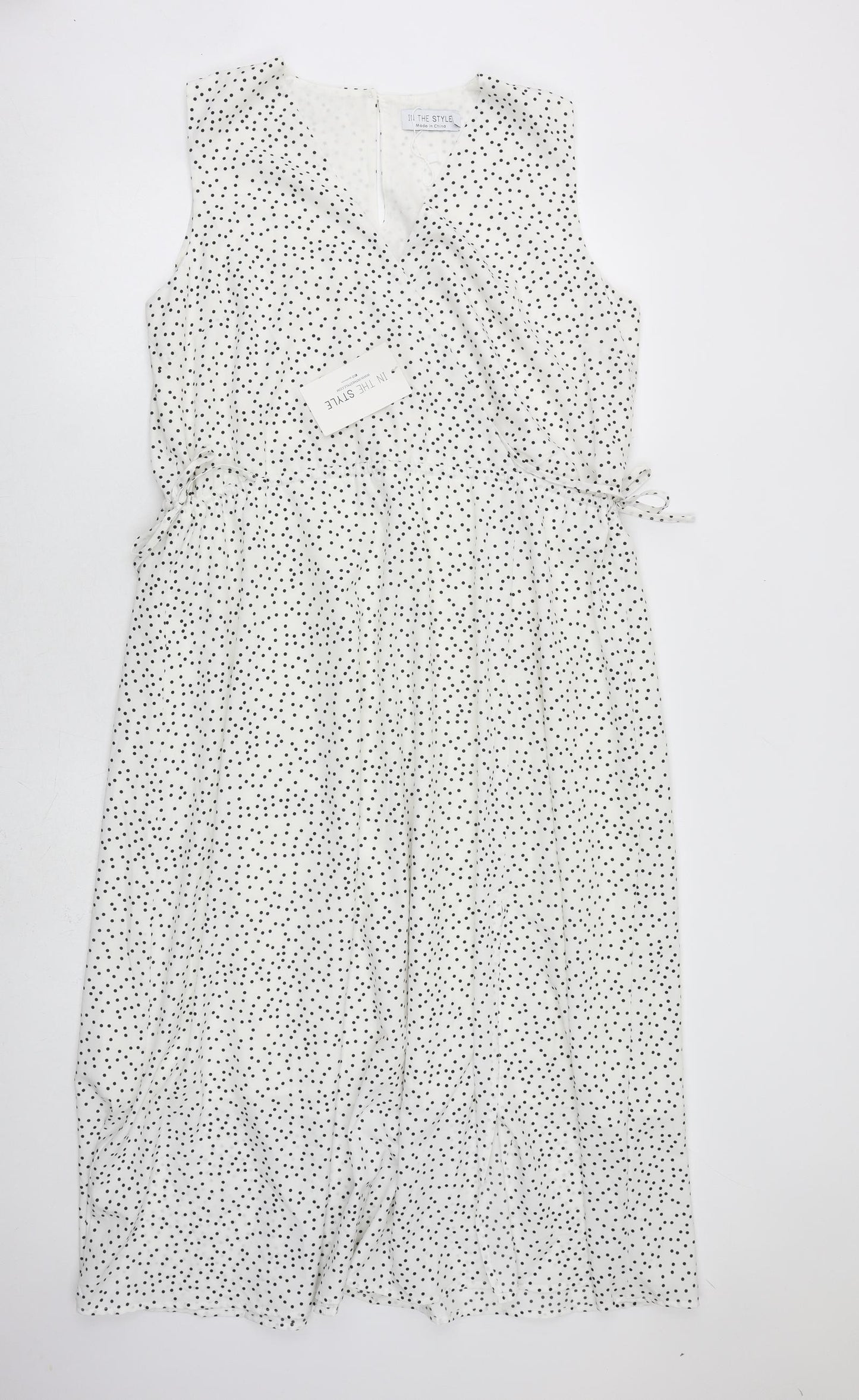 In the Style Womens White Polka Dot Polyester A-Line Size 14 V-Neck Tie