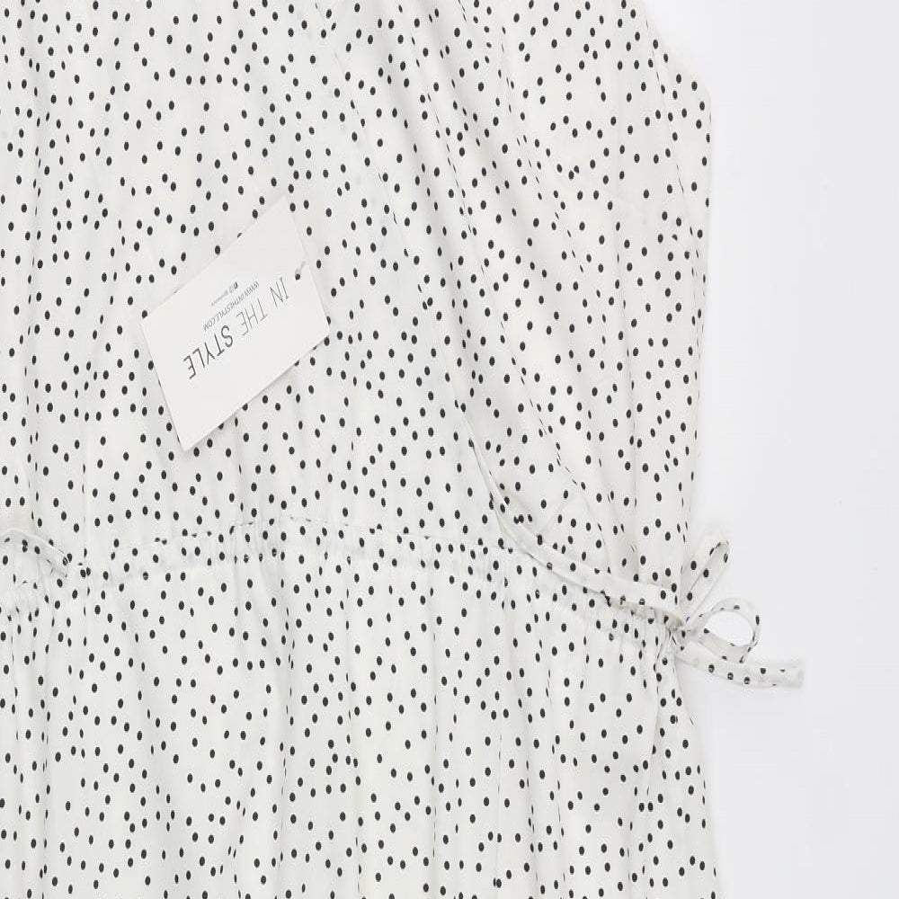 In the Style Womens White Polka Dot Polyester A-Line Size 14 V-Neck Tie