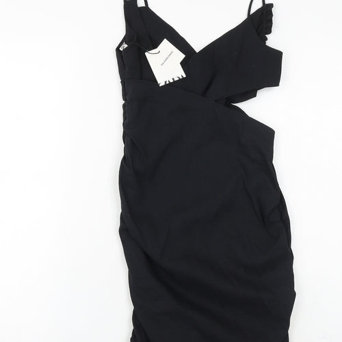 Zara Womens Black Polyester Slip Dress Size S V-Neck Zip