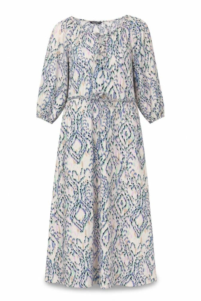 Front view of Marks & Spencer women’s multicoloured geometric flax maxi, size UK 6, round neck tie