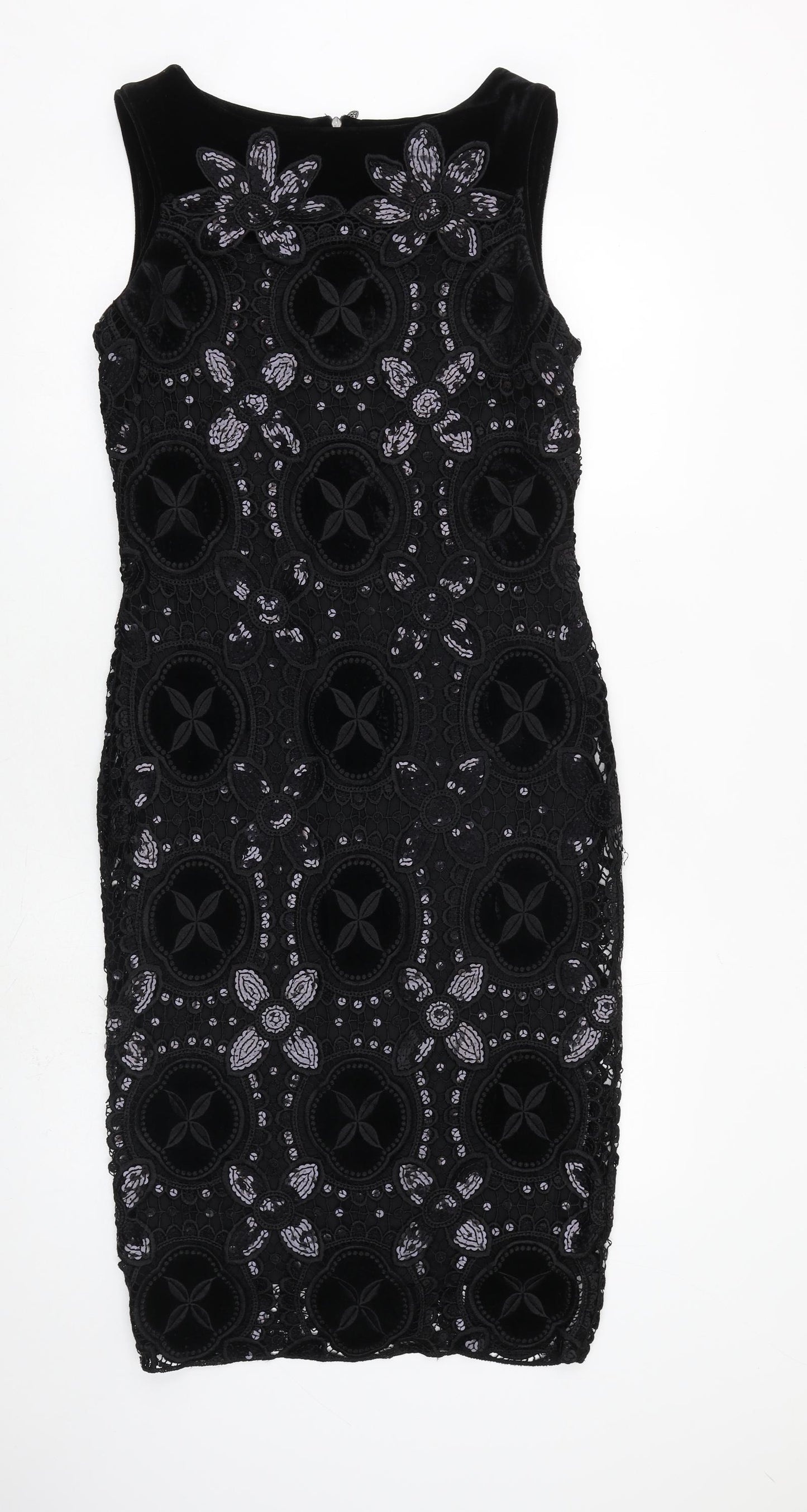 Damsel in a Dress Womens Black Geometric Polyester Shift Size 12 Boat Neck Zip