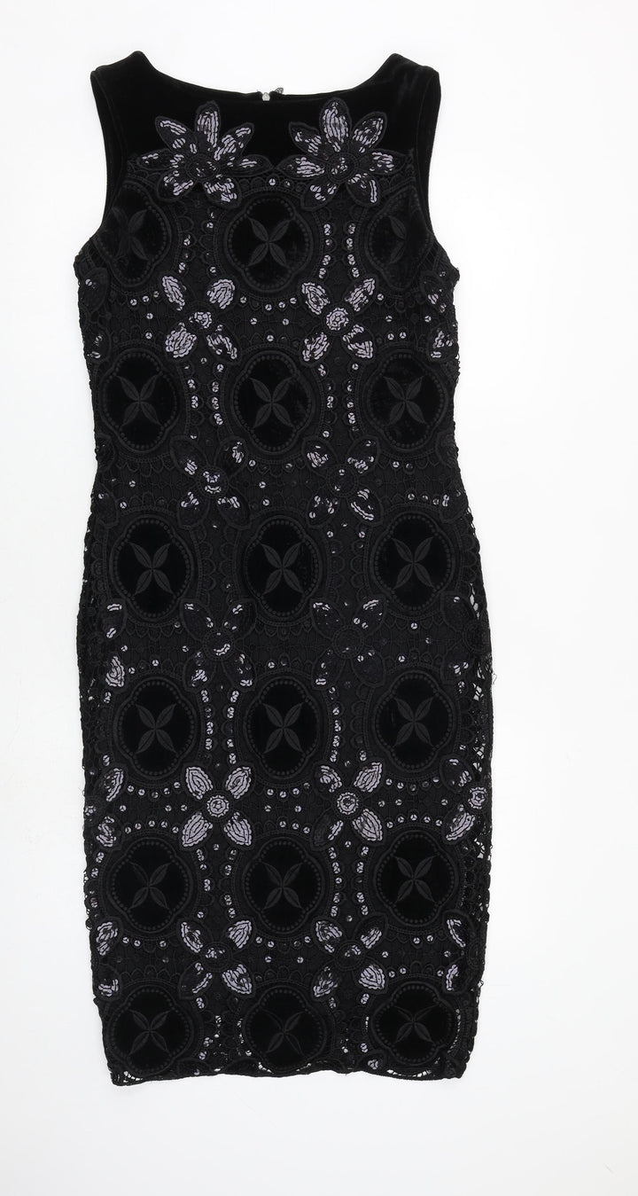 Damsel in a Dress Womens Black Geometric Polyester Shift Size 12 Boat Neck Zip