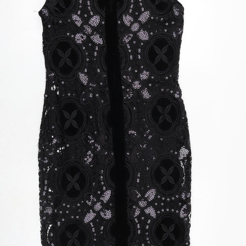 Damsel in a Dress Womens Black Geometric Polyester Shift Size 12 Boat Neck Zip