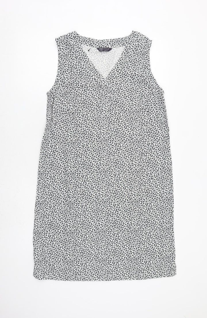 Marks and Spencer Womens White Floral Flax A-Line Size 12 V-Neck Pullover