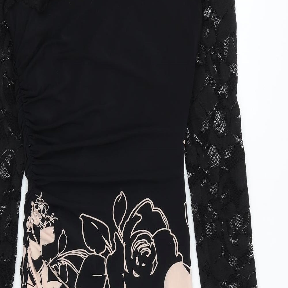 Phase Eight Womens Black Floral Polyester Bodycon Size 8 Boat Neck Zip