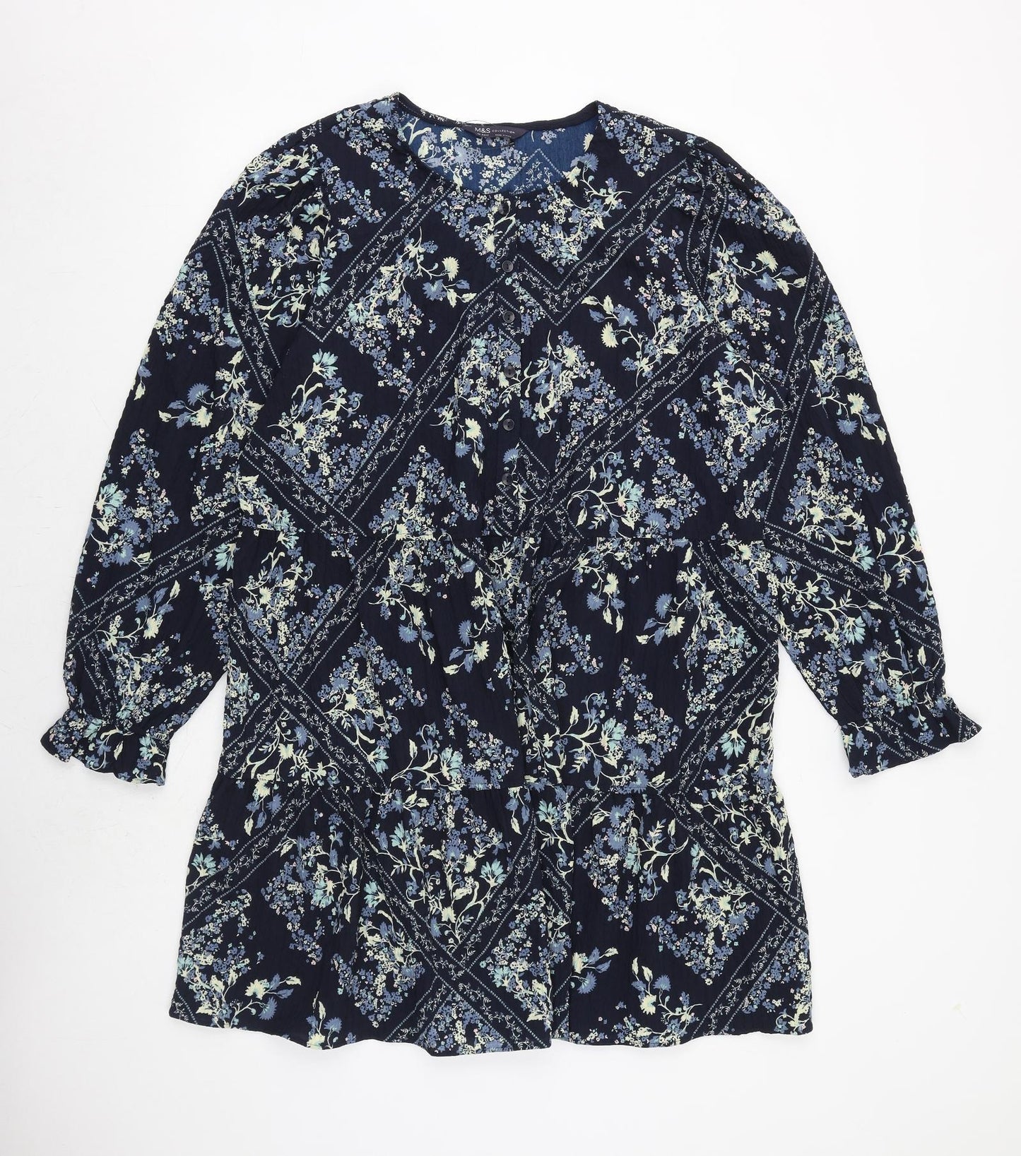 Marks and Spencer Womens Blue Floral Polyester A-Line Size 18 Round Neck Button