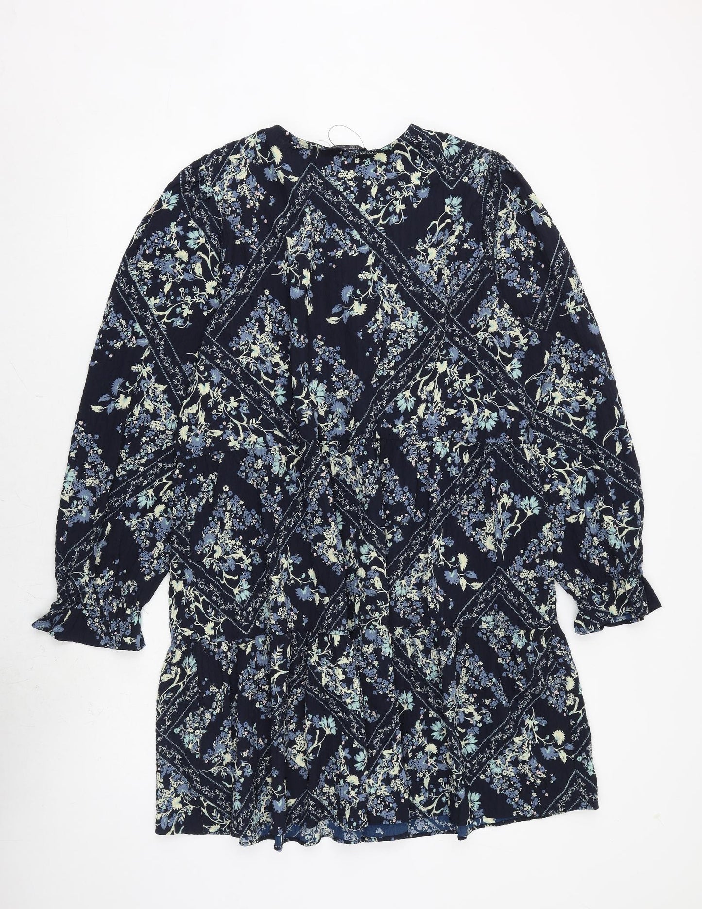 Marks and Spencer Womens Blue Floral Polyester A-Line Size 18 Round Neck Button