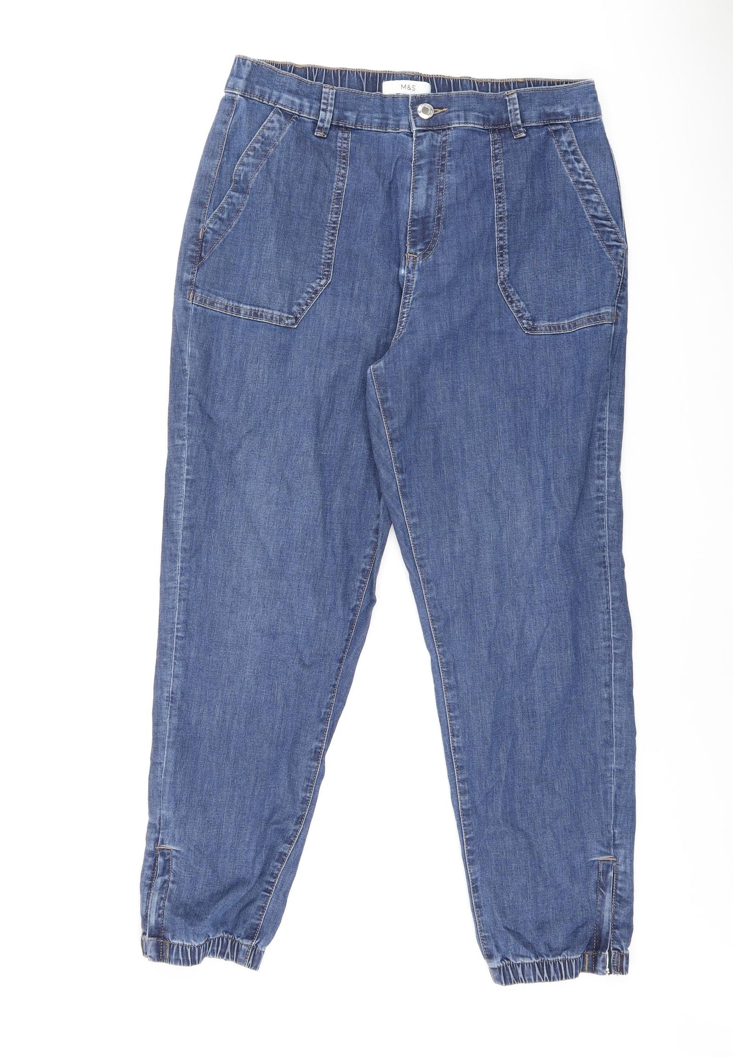 Marks and Spencer Womens Blue Cotton Straight Jeans Size 14 L25.5 in Regular Button - Short Leg
