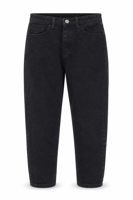Front view of NEATO women’s black cotton mom jeans, size S, 22-inch leg regular zip