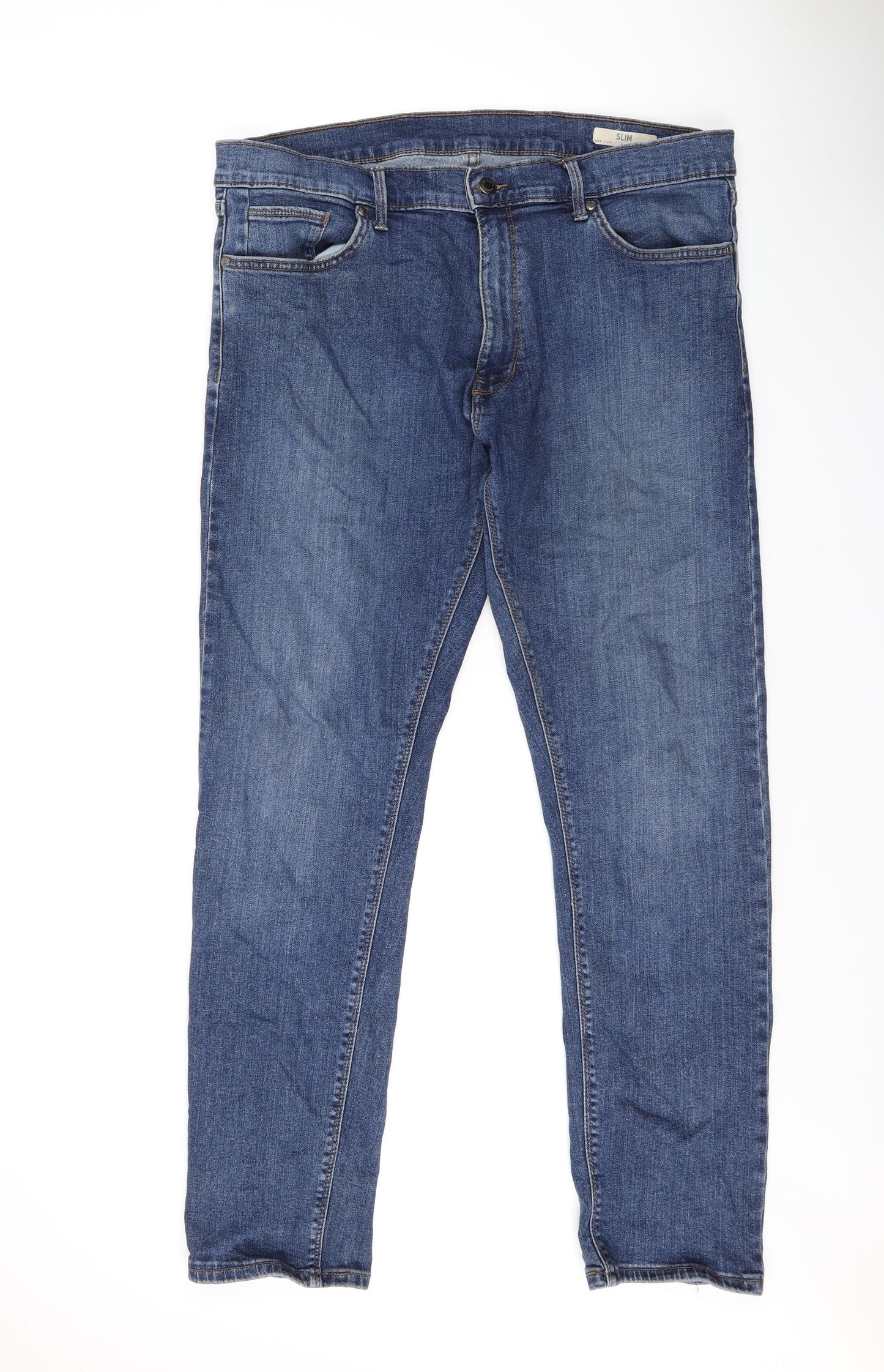 Marks and Spencer Mens Blue Cotton Straight Jeans Size 38 in L31 in Slim Zip