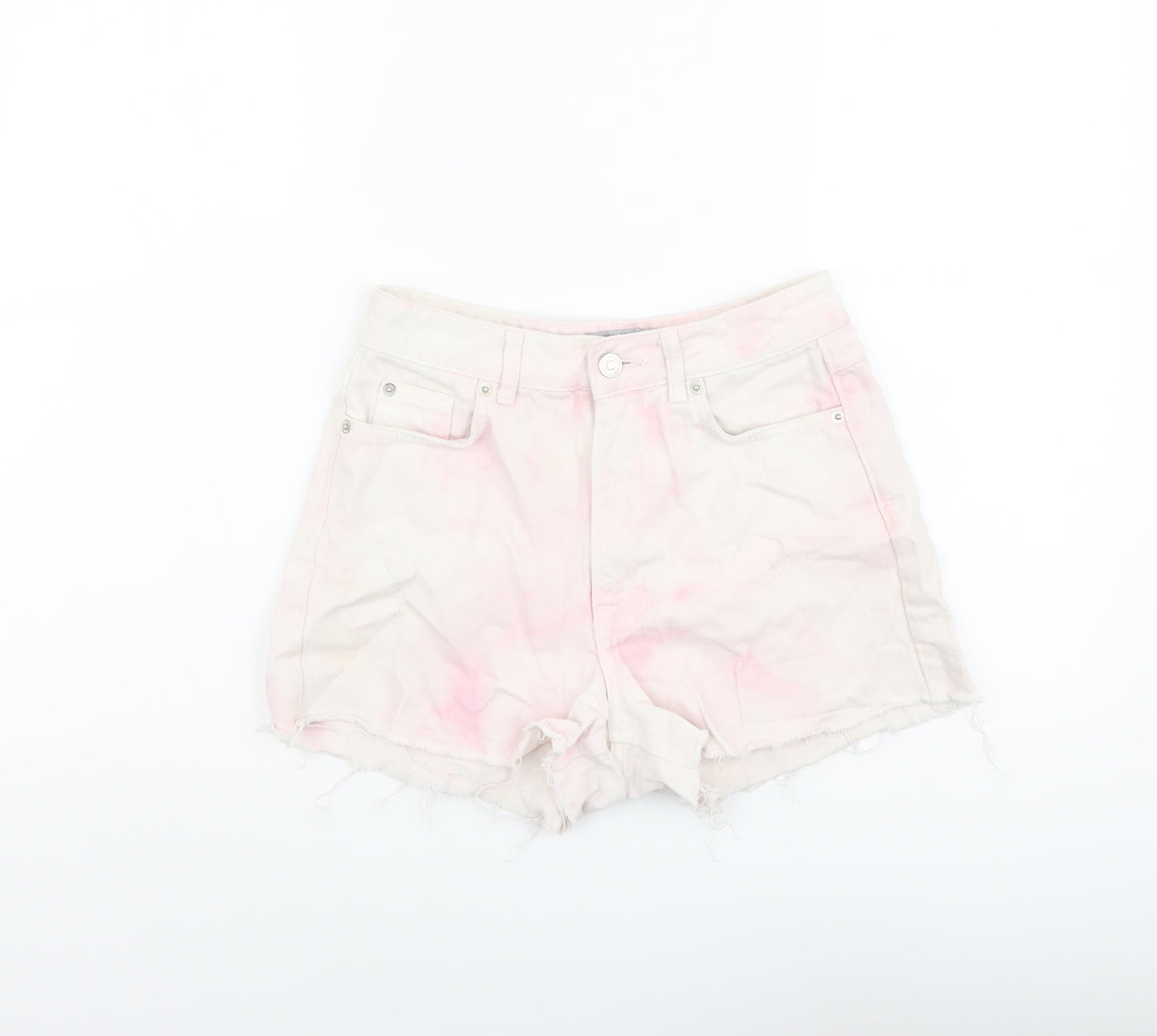 NEXT Womens Pink Cotton Cut-Off Shorts Size 8 L3 in Regular Button - Acid Wash Effect