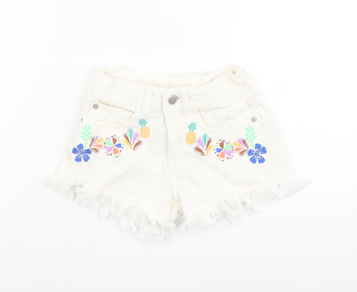Marks and Spencer Girls Ivory Cotton Cut-Off Shorts Size 6-7 Years Regular Zip - Flower Details