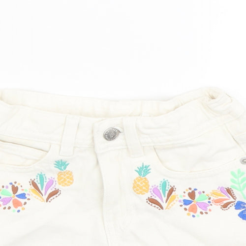 Marks and Spencer Girls Ivory Cotton Cut-Off Shorts Size 6-7 Years Regular Zip - Flower Details