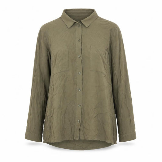 Front view of Divided by H&M women’s green viscose basic button-up, size UK 12, collared