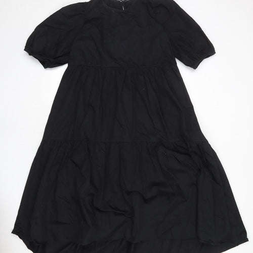 Zara Womens Black 100% Cotton T-Shirt Dress Size L Crew Neck Button - Tiered