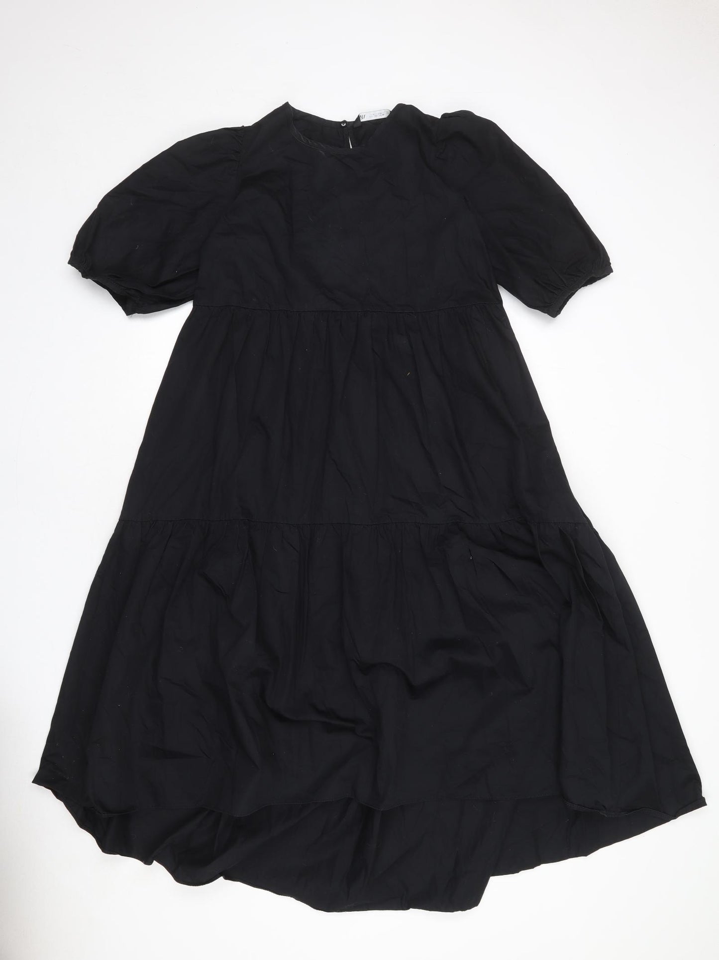 Zara Womens Black 100% Cotton T-Shirt Dress Size L Crew Neck Button - Tiered
