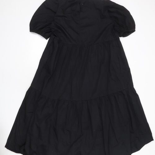 Zara Womens Black 100% Cotton T-Shirt Dress Size L Crew Neck Button - Tiered