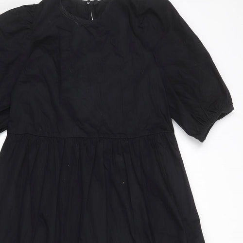 Zara Womens Black 100% Cotton T-Shirt Dress Size L Crew Neck Button - Tiered