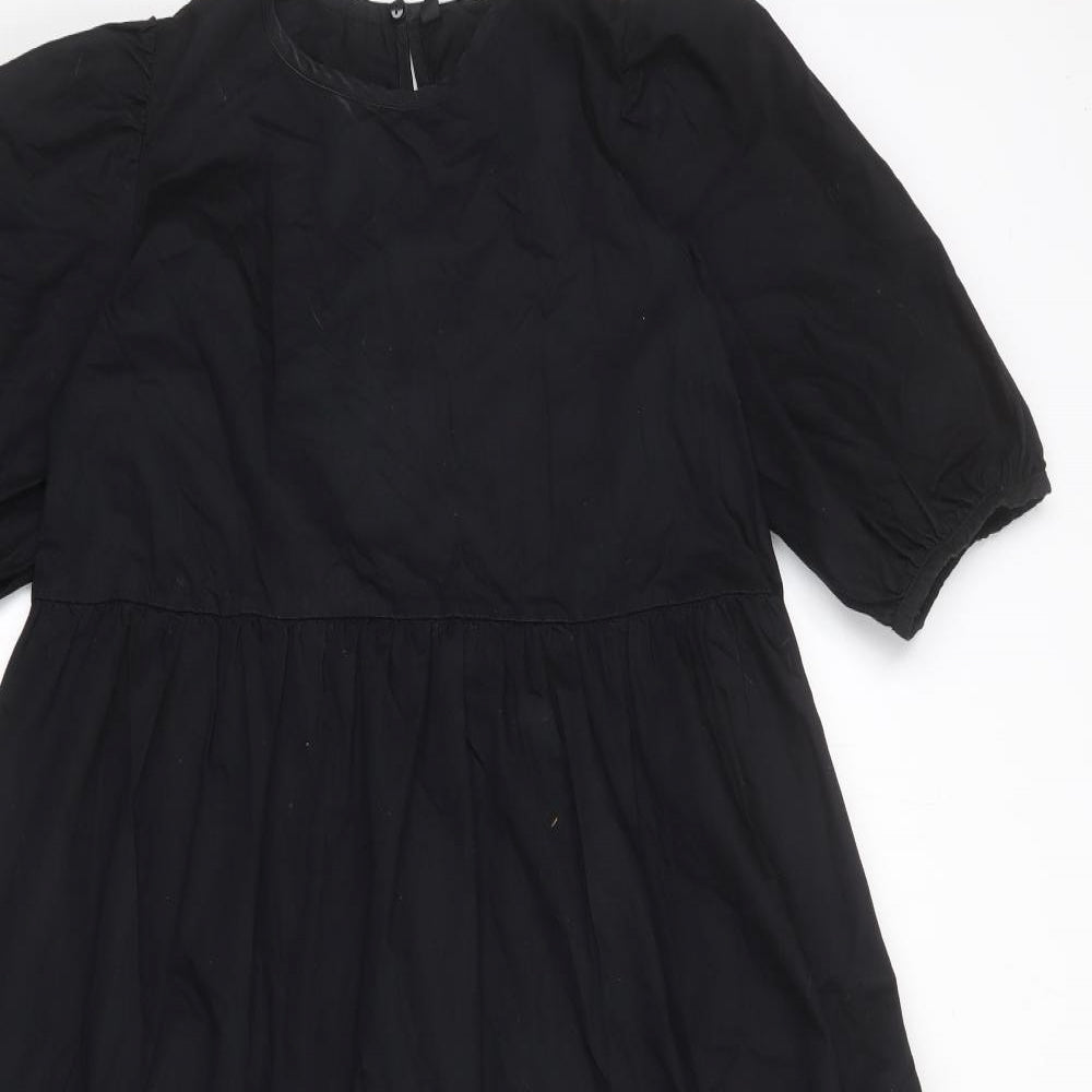 Zara Womens Black 100% Cotton T-Shirt Dress Size L Crew Neck Button - Tiered