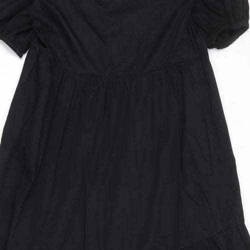 Zara Womens Black 100% Cotton T-Shirt Dress Size L Crew Neck Button - Tiered