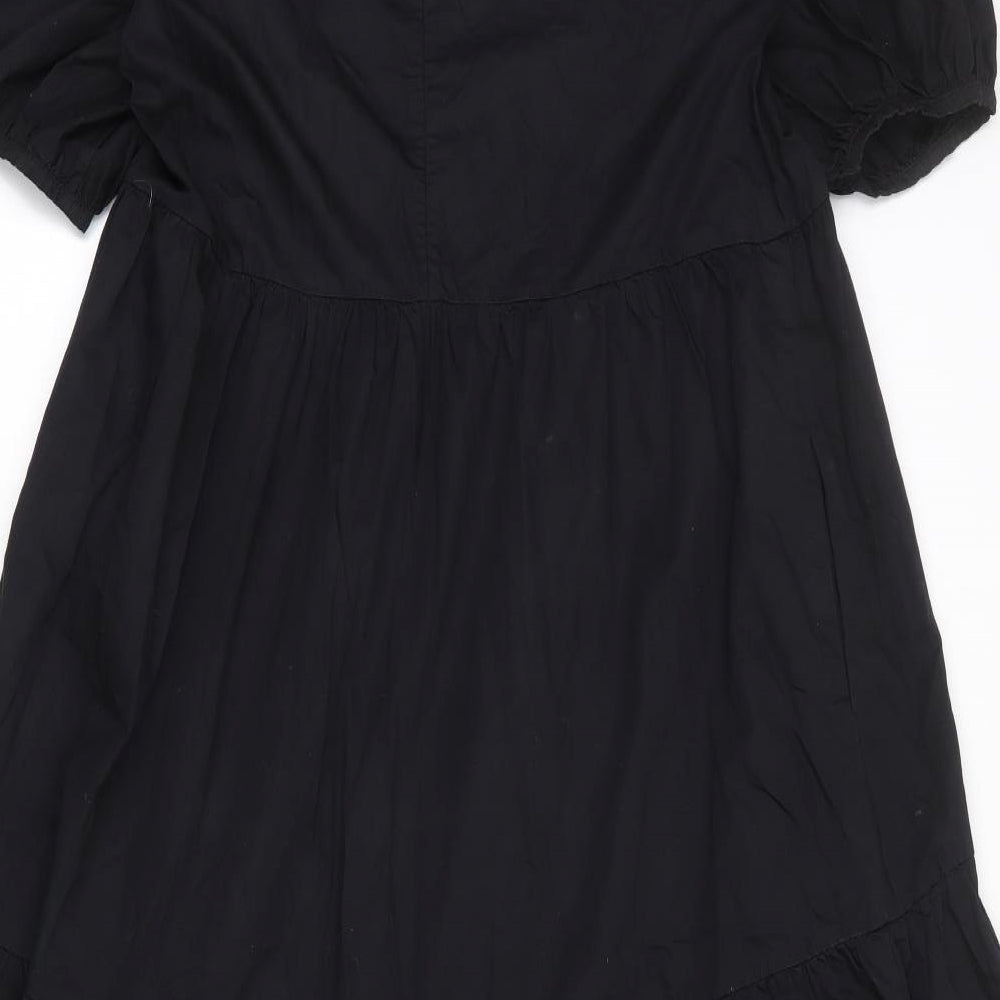 Zara Womens Black 100% Cotton T-Shirt Dress Size L Crew Neck Button - Tiered