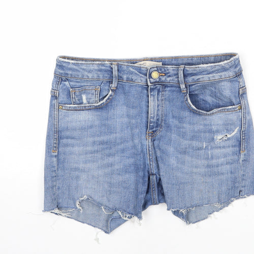 Zara Womens Blue Cotton Cut-Off Shorts Size 12 L4 in Regular Zip - Distressed Denim