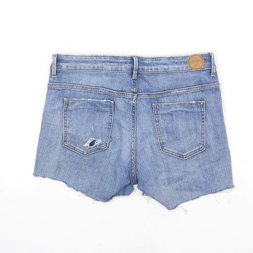 Zara Womens Blue Cotton Cut-Off Shorts Size 12 L4 in Regular Zip - Distressed Denim