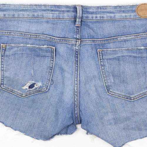 Zara Womens Blue Cotton Cut-Off Shorts Size 12 L4 in Regular Zip - Distressed Denim