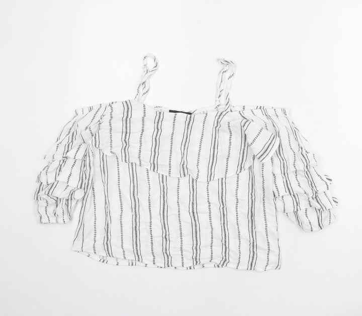New Look Womens White Striped Viscose Basic Blouse Size 10 Off the Shoulder