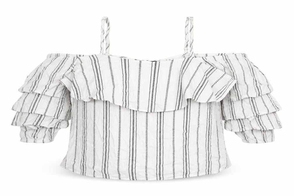 Front view of New Look women’s white striped viscose basic blouse, size UK 10, off the shoulder