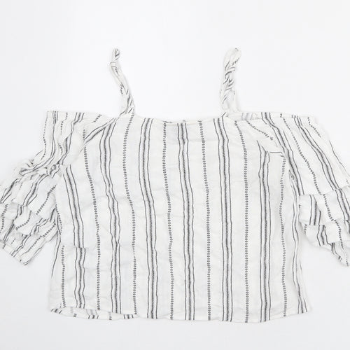 New Look Womens White Striped Viscose Basic Blouse Size 10 Off the Shoulder