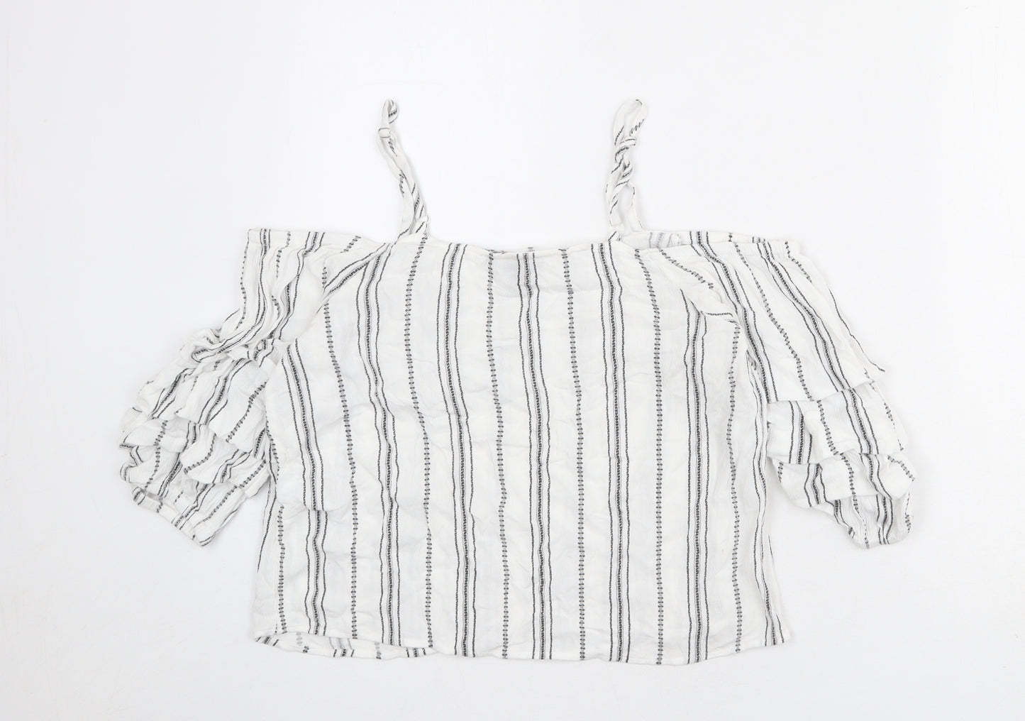 New Look Womens White Striped Viscose Basic Blouse Size 10 Off the Shoulder